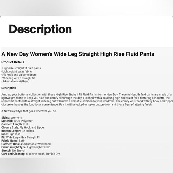 A New Day Women's Wide Leg Straight High Rise Fluid Pants SIZE 2 - Picture 3 of 5